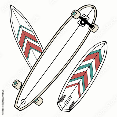 Longboard Skateboard with Two Matching Surfboards Red Teal White Chevron Pattern shortboard