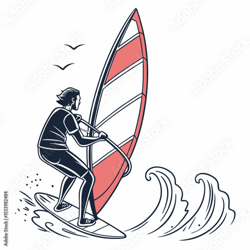 Man Windsurfing on Coral Red Sailboard Ocean Waves White Background Illustration windsurfer male