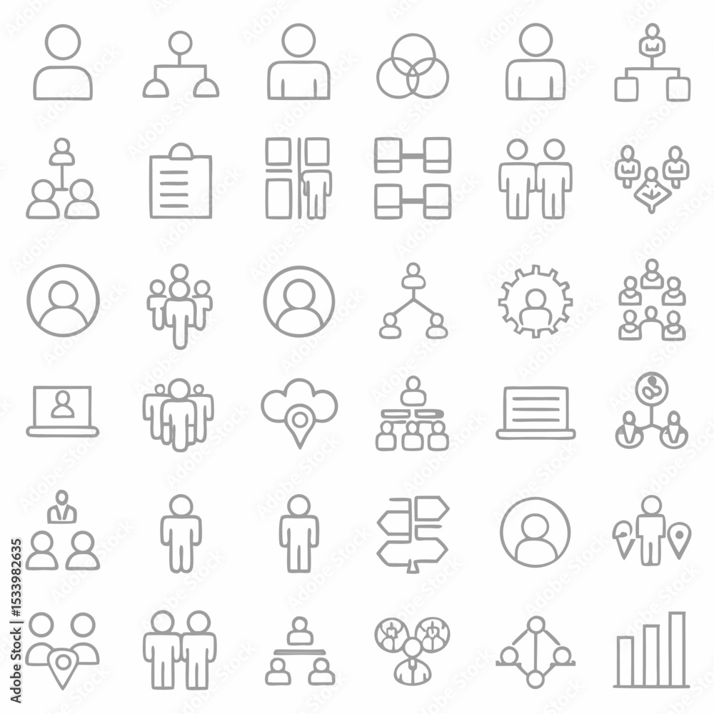 Illustration showing a collection of organizational structure and people related icons in a line art style