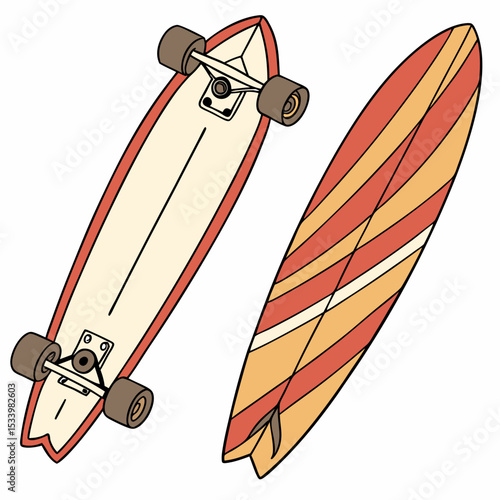Orange and Beige Longboard Skateboard and Striped Shortboard Surfboard Illustration vector