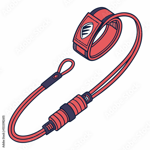 Red Surfboard Leash with Dark Blue Accents on White Background Coil and Cuff Design Surfing Equipment Safety Gear Watersports Accessory