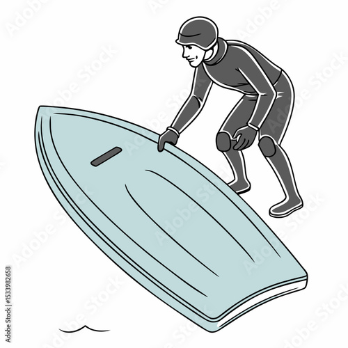 Person in Helmet and Wetsuit Preparing Light Blue Bodyboard for Water Sports Activity Illustration bodyboarding