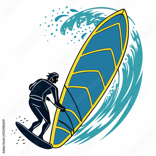 Silhouette of a windsurfer riding a teal and yellow sailboard on a wave isolated on white background stylized illustration