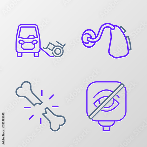 Set line Blindness, Human broken bone, Hearing aid and Disabled car icon. Vector