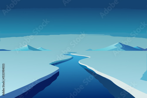 Frozen landscape, icy river, glacier, blue vector illustration, cold environment
