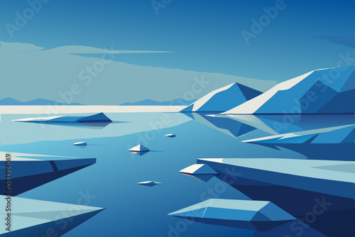 Geometric iceberg landscape, blue vector illustration, icy scenery, frozen ocean