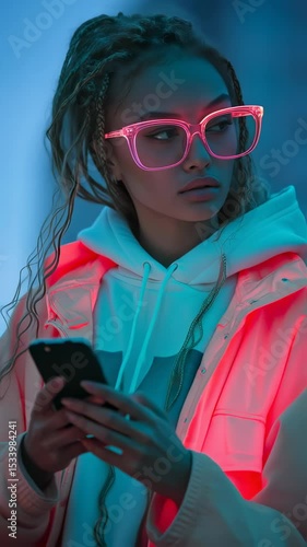  A stylish individual, illuminated by neon lights, captivates with an enigmatic gaze while engrossed in their phone, embodying modern flair and technological engagement.
