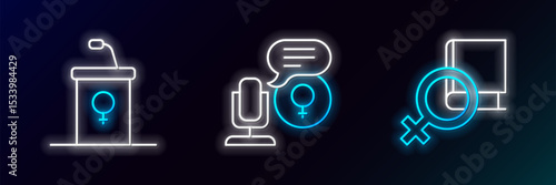Set line Book about women, Debate podium rostrum and Microphone icon. Glowing neon. Vector