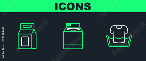 Set line Basin with shirt, Laundry detergent and Washer icon. Vector