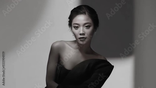 Asian Woman in Black and White Against a Light Grey Background