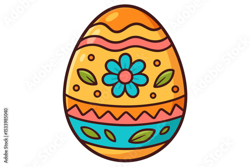 Ornate decorated Easter egg with floral pattern. Cute cartoon vector illustration of a traditional holiday symbol. Colorful festive graphic element for spring celebration or egg hunt.