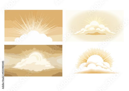 Glowing burst of light illustration emerging from cloud shape, symbolizing inspiration and amazement in soft golden and white tones