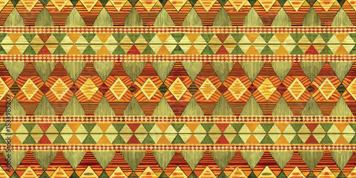 Vibrant geometric pattern in warm earthy tones with botanical elements.