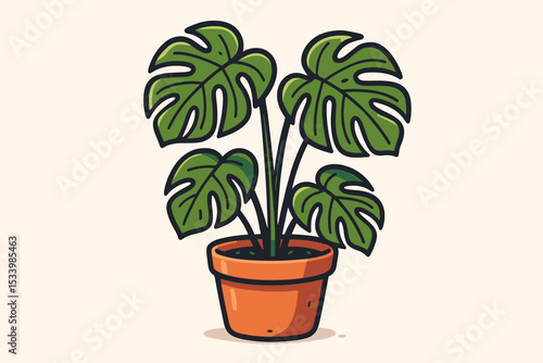 Monstera deliciosa plant in a terracotta pot. Cartoon vector illustration of a stylish houseplant. Tropical Swiss cheese plant icon for home decor, isolated on a light background.