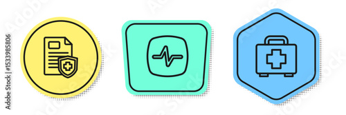 Set line Patient record, Heart rate and First aid kit. Colored shapes. Vector