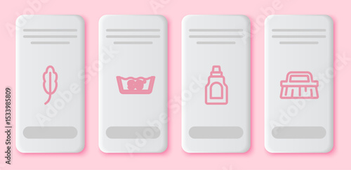 Set line Feather, Temperature wash, Bottle for cleaning agent and Brush. White rectangle button. Vector