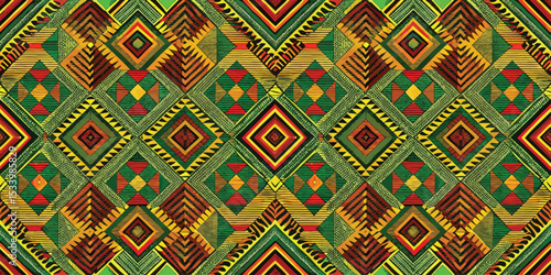 Vibrant geometric pattern featuring rich greens, reds, and golds.