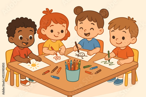 Happy multicultural children drawing at a table. Preschool or kindergarten kids in an art lesson. Cute cartoon vector of creative group activity, friendship and early childhood education.
