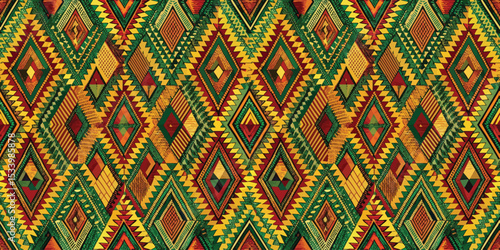 Vibrant geometric fabric pattern featuring bold red, green, and yellow colors.
