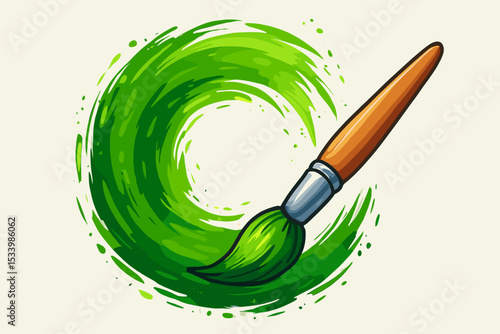 Paintbrush drawing a circular green paint stroke. Eco-friendly concept for environment and sustainability. Go Green symbol. Creative art vector illustration for logo design element.