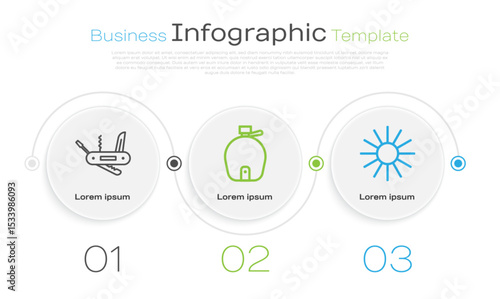 Set line Swiss army knife, Canteen water bottle and Sun. Business infographic template. Vector