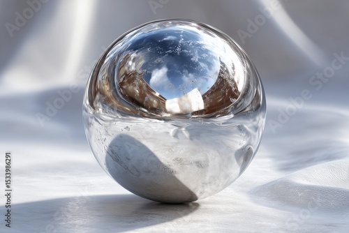 Liquid 3D silver mercury pool on white, surreal reflective surface, sci-fi aesthetic