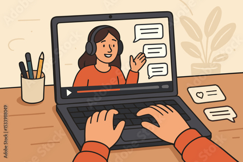 E-learning and online education concept. Person watching a webinar or video tutorial on a laptop, hands typing. Female teacher streaming lesson. Engaging with content via live chat.