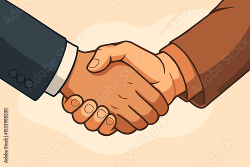 Business handshake illustration. Two businessmen shaking hands as a symbol of a successful deal, partnership, and agreement. Concept for cooperation, trust, and contract negotiation.