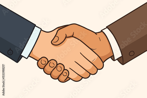 Business handshake vector illustration. Two diverse business partners shaking hands. Symbol of a successful deal, partnership, agreement, cooperation, and trust. Welcome gesture.