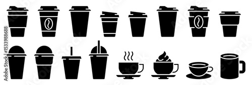 Coffee cup icons vector set in line and flat style. Disposable coffee cup. Coffee paper cup, plastic container for hot and cold drink, juice, tea, cocoa and other. Vector illustration