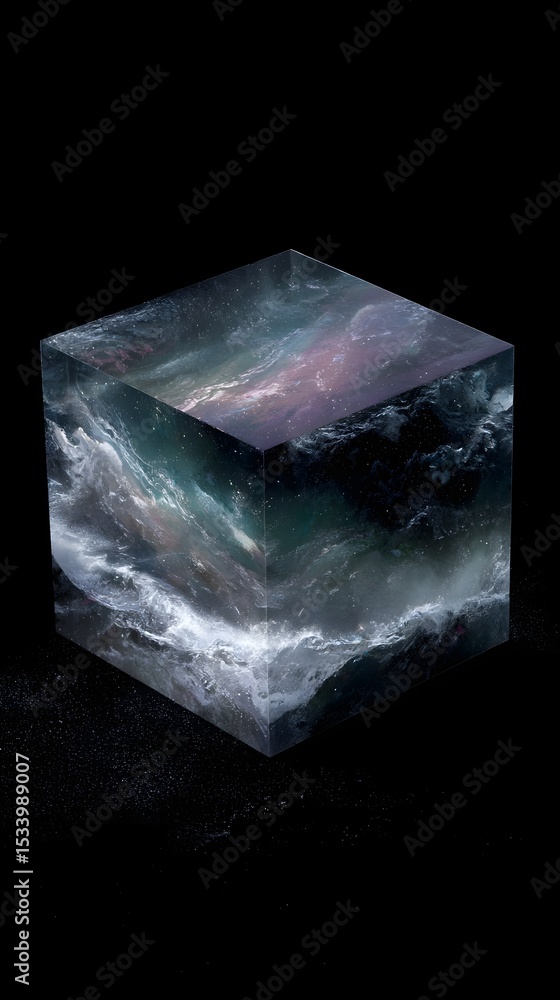 Fototapeta premium A transparent cube containing a holographic planet with shifting terrain