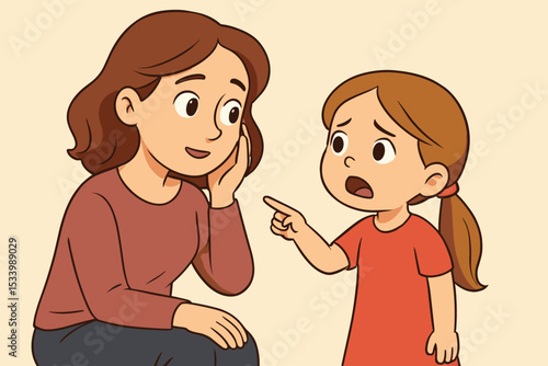 Mother listening to her upset daughter. Worried girl complaining and pointing finger. Parent and child conversation. Concept of parenting, support, empathy, family relationship.