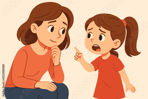 Mother carefully listening to her upset daughter pointing and complaining. Family conversation concept. Parenting, child psychology, and understanding a kid's emotions and feelings.