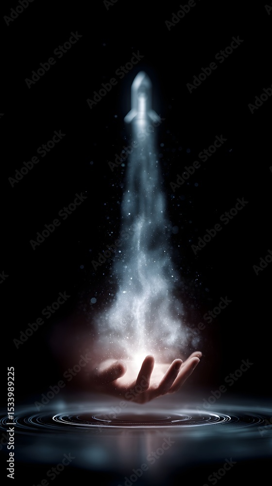 Fototapeta premium Rocket shaped hologram rising from palm with tech UI rings and motion blur