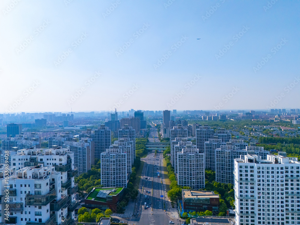 Fototapeta premium Aerial view of the urban scenery in the suburbs, neatly planned residential buildings, Jiading district, Shanghai.