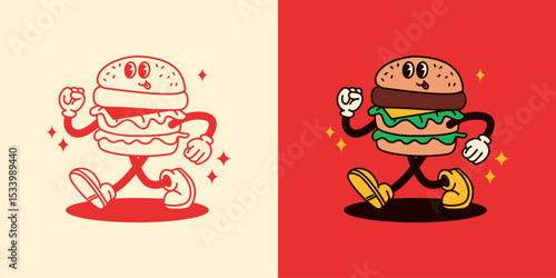 Retro Burger Guy Cartoon. Vector Illustration of Old Fashion Vintage Happy Concept. Street Food Boy Walk.