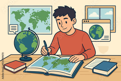 Student learning geography at a desk. Boy studying a world map in a book with a globe and computer. Concept for global education, e-learning, discovery, and knowledge.
