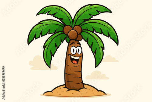 Happy palm tree cartoon character on a sandy island. Funny tropical mascot with coconuts, smiling for summer vacation. Cute vector nature illustration for beach and travel concepts.
