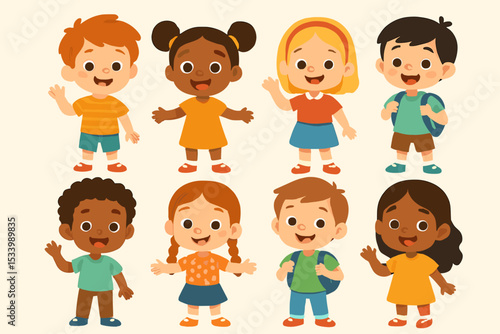 Set of diverse children characters. Happy multicultural kids smiling and waving. Group of cute cartoon students for school, kindergarten, or preschool. Vector illustration collection.