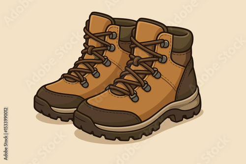Hiking boots vector illustration. Pair of trekking shoes for outdoor adventure and tourism. Camping equipment footwear icon. Modern brown mountain boot for walking and travel.