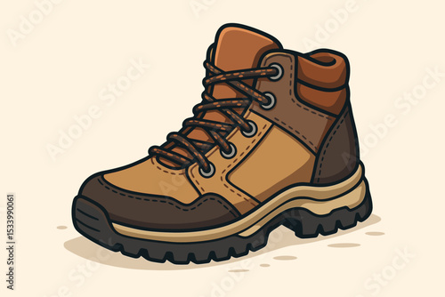 Modern hiking boot vector illustration. Outdoor adventure gear icon. Brown trekking shoe for walking, tourism and travel. Isolated camping equipment graphic design element.