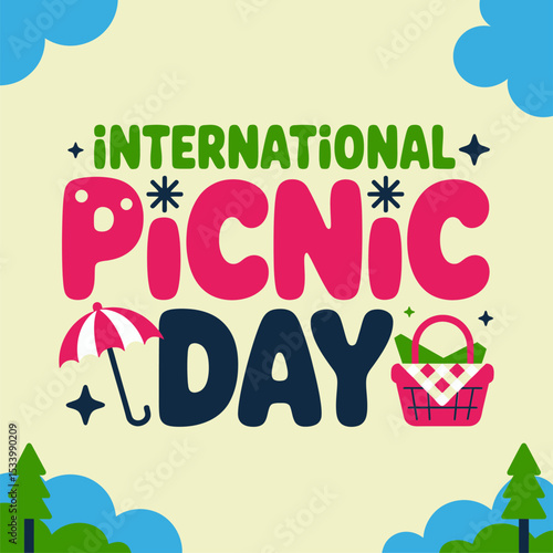 Green grass-blue sky theme with umbrella and ribbon details for family outing picnic celebration poster  