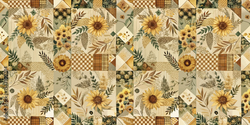 Vibrant floral patchwork design featuring sunflowers and earthy tones.