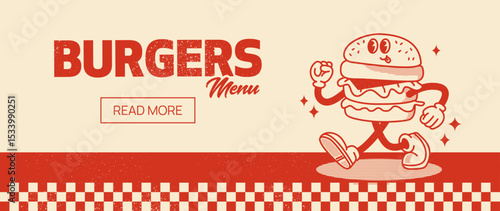 Retro Burger Guy Web Banner. Vector Illustration of Old Fashion Vintage Cartoon Happy Concept. Street Food.