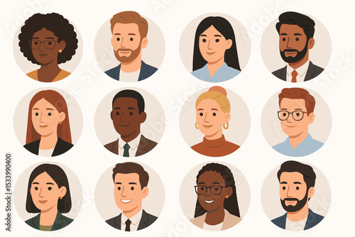 Set of diverse business people avatars. Collection of multi-ethnic men and women portraits for profile pictures. Flat vector illustration of a professional multicultural team.