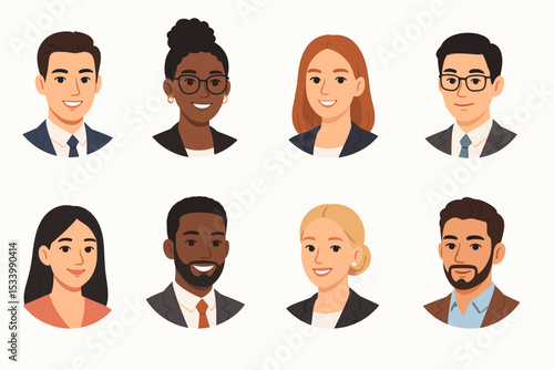 Diverse business people avatar collection. Set of multiracial professional character portraits for team profile. Office workers faces icons. Men and women team vector illustration.