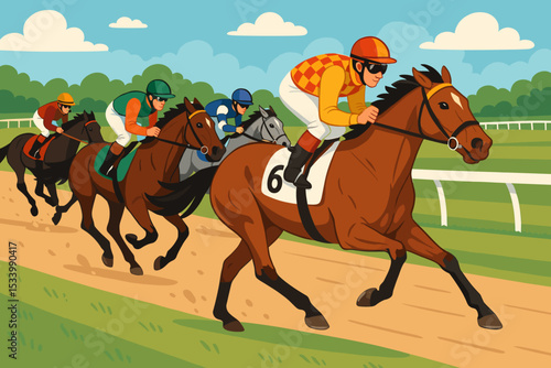 Horse race competition illustration. Jockeys on galloping racehorses on a racetrack. Equestrian sport derby. Concept of speed, betting, gambling, winning. Action, fast thoroughbreds.
