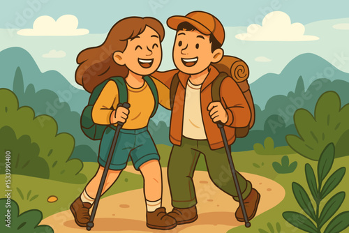 Happy couple hiking in mountains vector illustration. Man and woman with backpacks on a nature trail. Adventure travel, trekking vacation concept. Active lifestyle cartoon.