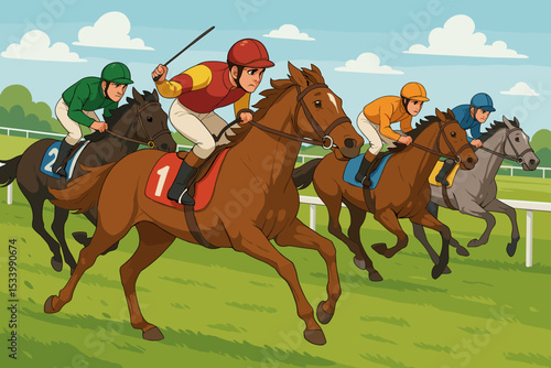 Jockeys racing on thoroughbred horses during a derby. Fast-paced equestrian sport competition on a turf track. Action scene for betting, gambling, and championship concepts.