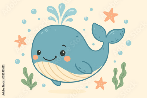 Kawaii blue whale cartoon character. Happy marine animal swimming in the ocean. Children's vector illustration for nursery decor, baby shower print, or kids' poster design.